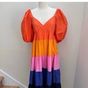 Farm Rio Maxi Dress Tiered Colorblock V Neck Blue Pink Orange Size Small Petite